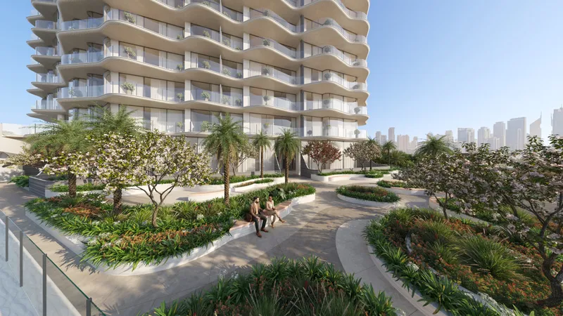 Render of the landscaped outdoor seating area on the podium of Fala by Kasco