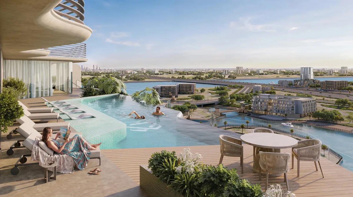 Render of the rooftop infinity pool at Fala by Kasco overlooking the water