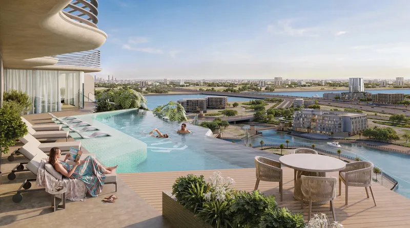 Render of the rooftop infinity pool at Fala by Kasco overlooking the water