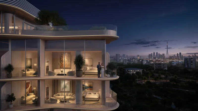 Render of the curved glass terraces of Fala by Kasco at dusk
