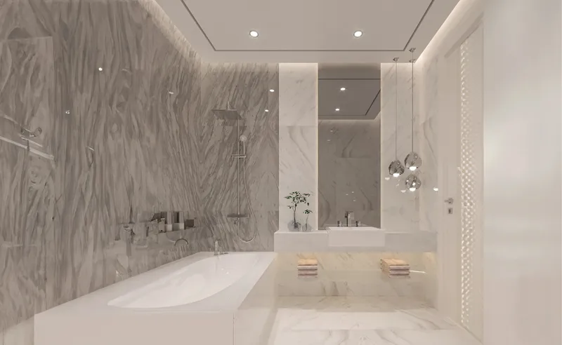 Interior render of a Faradis Tower bathroom with a bathtub and marble-effect walls