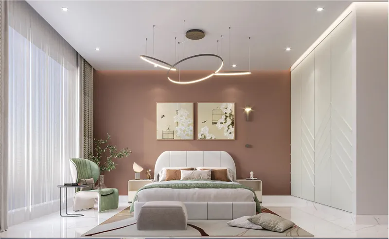 Interior render of a Faradis Tower bedroom with fitted wardrobes and a terracotta feature wall