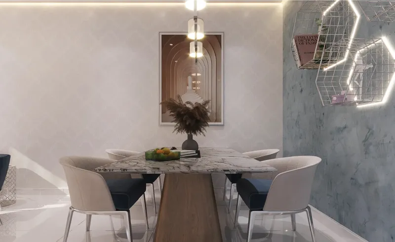 Interior render of a dining area in a Faradis Tower apartment with a stone-topped table