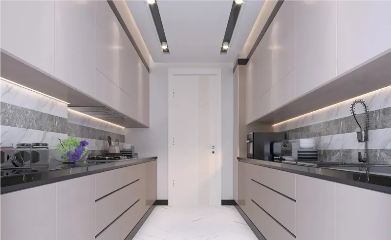 Interior render of a closed galley kitchen in a Faradis Tower apartment