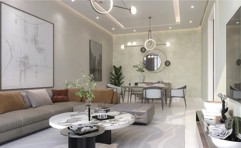 Interior render of a Faradis Tower living room with a dining area behind