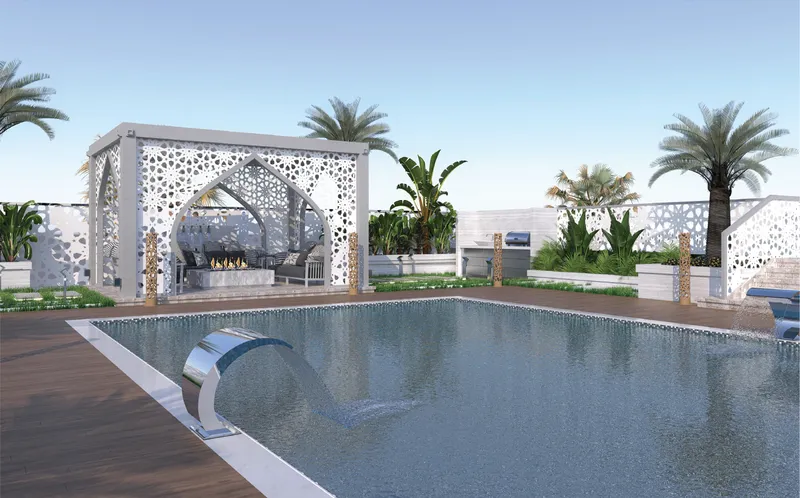 Render of the outdoor swimming pool at Faradis Tower with a latticed pavilion and palms
