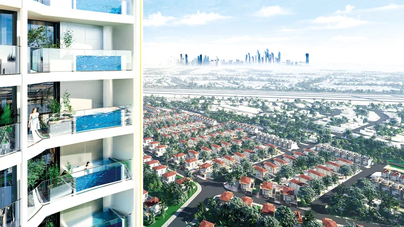 Balconies with private pools at Fashionz by Danube above Jumeirah Village Triangle