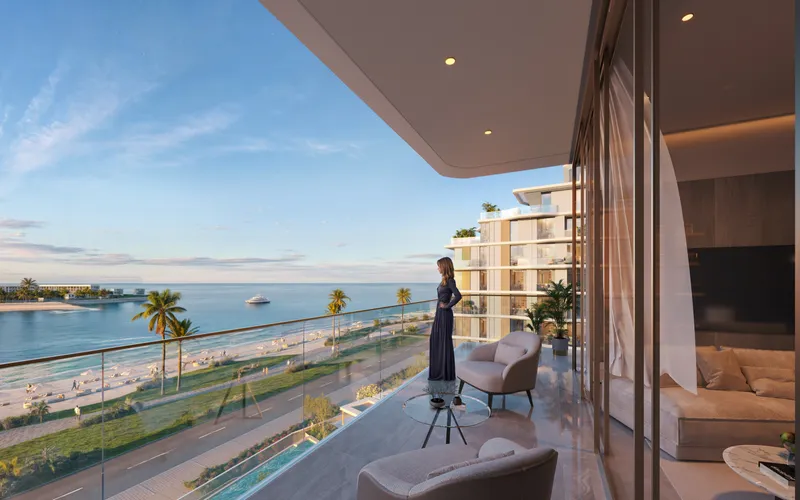Render of a Flora Isle apartment balcony with sea views over the Dubai Islands beach