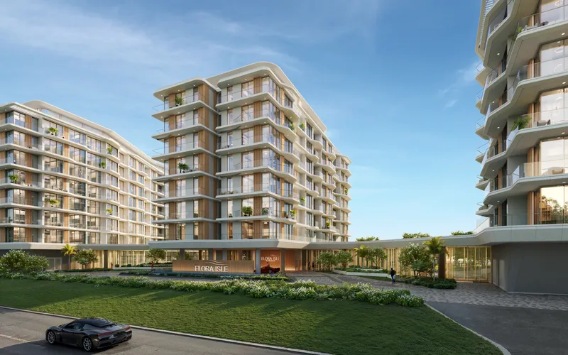Render of the Flora Isle entrance with landscaped lawns in front of the low-rise buildings