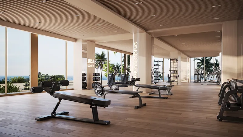 Render of the Flora Isle gym with timber ceilings and floor-to-ceiling windows