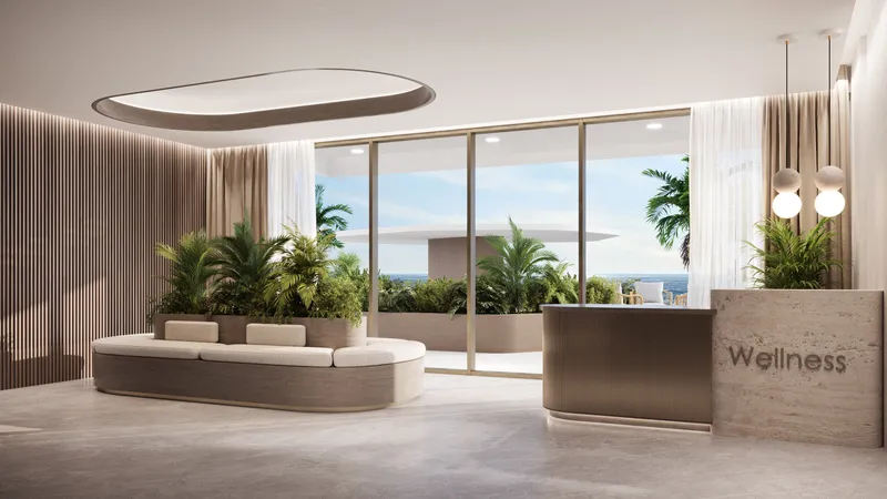 Render of the Flora Isle wellness reception with a planted seating area and garden views
