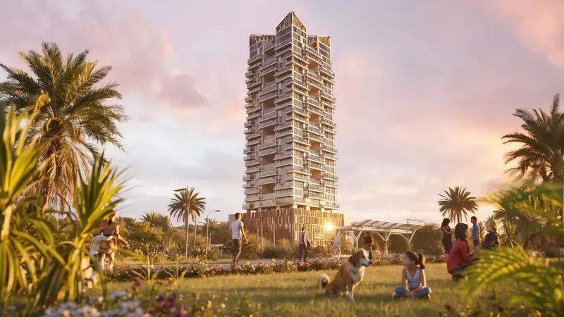 Gharbi II Residences seen at sunset from a landscaped park