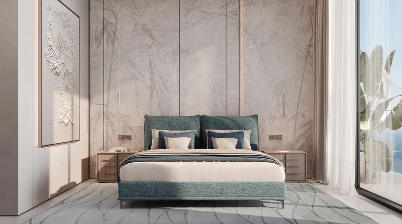 Render of a furnished bedroom at Gianfranco Ferré Residences