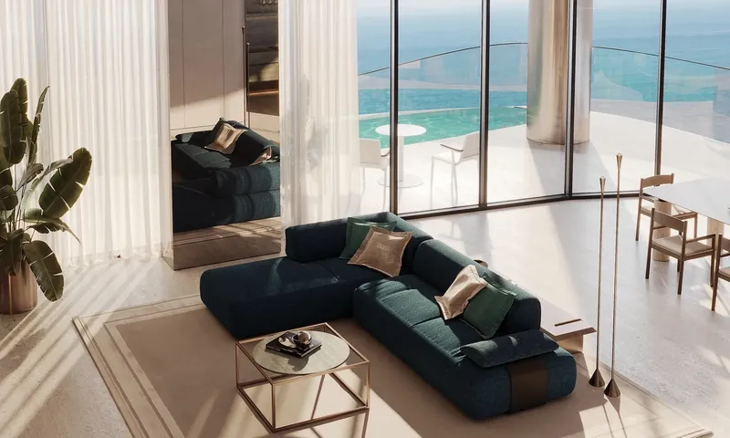 Render of a furnished living room with floor-to-ceiling windows at Gianfranco Ferré Residences