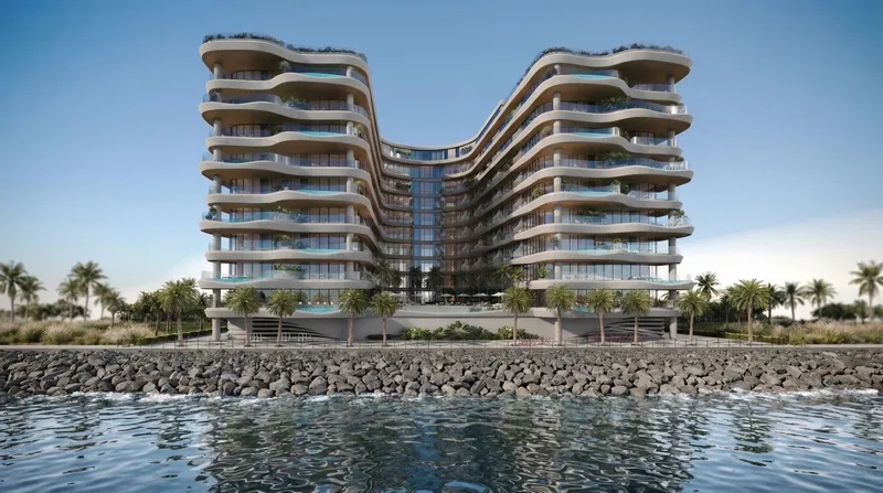 Render of Gianfranco Ferré Residences seen from the sea at the tip of Al Marjan Island