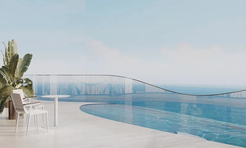 Render of a private terrace pool with sea views at Gianfranco Ferré Residences