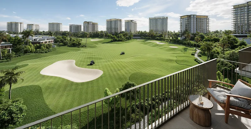 Render of the view from a Golf Dale balcony over the fairways and bunkers of the Emaar South golf course