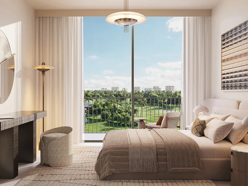 Interior render of a Golf Dale bedroom with a balcony looking over the golf course