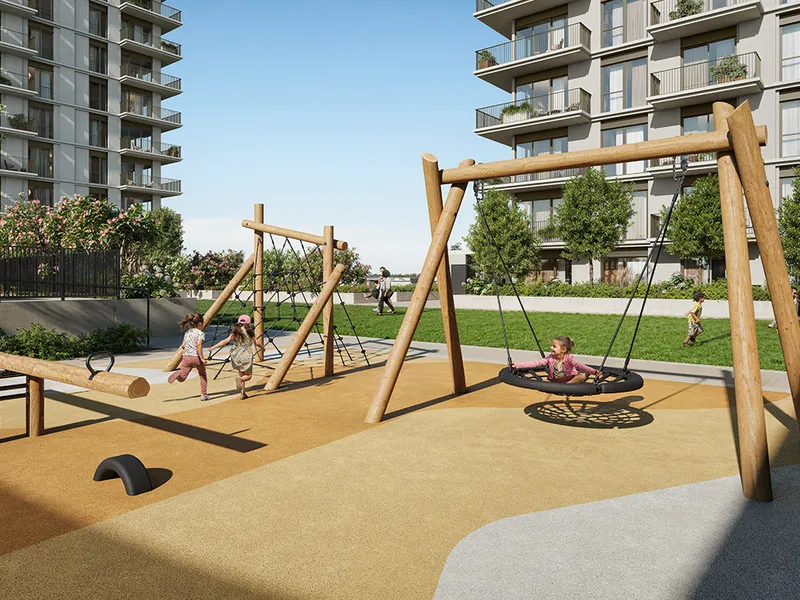 Render of the Golf Dale outdoor kids' play area with timber swings between the buildings