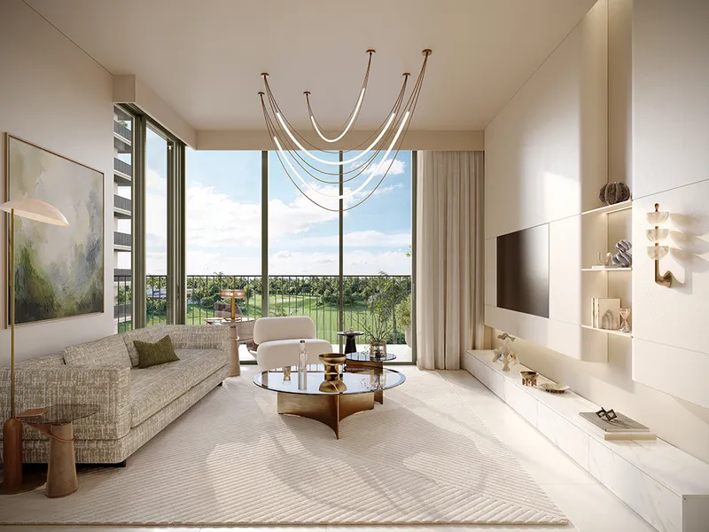Interior render of a Golf Dale living room with full-height windows and a balcony facing the greenery