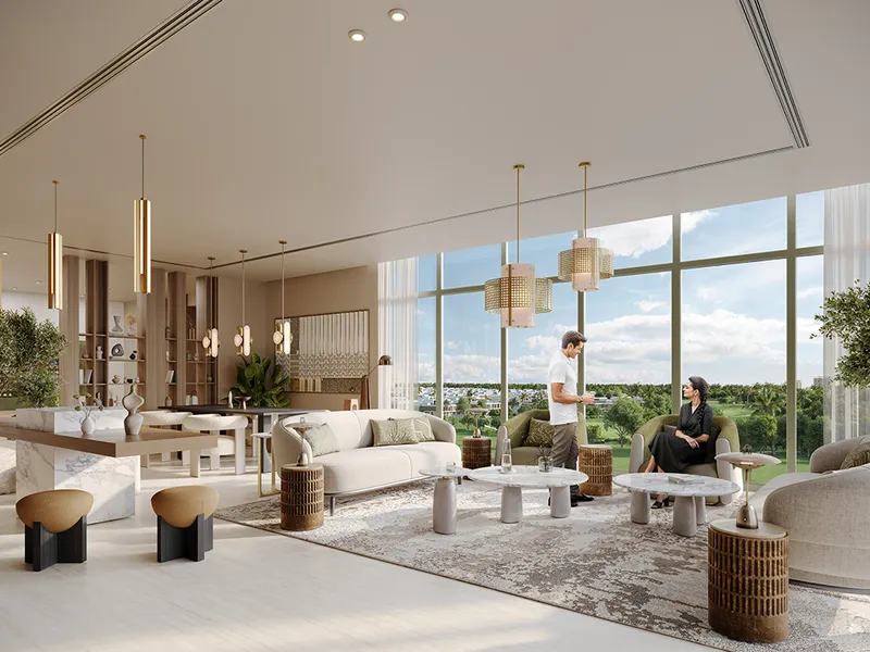 Interior render of the Golf Dale residents' lounge with full-height glazing