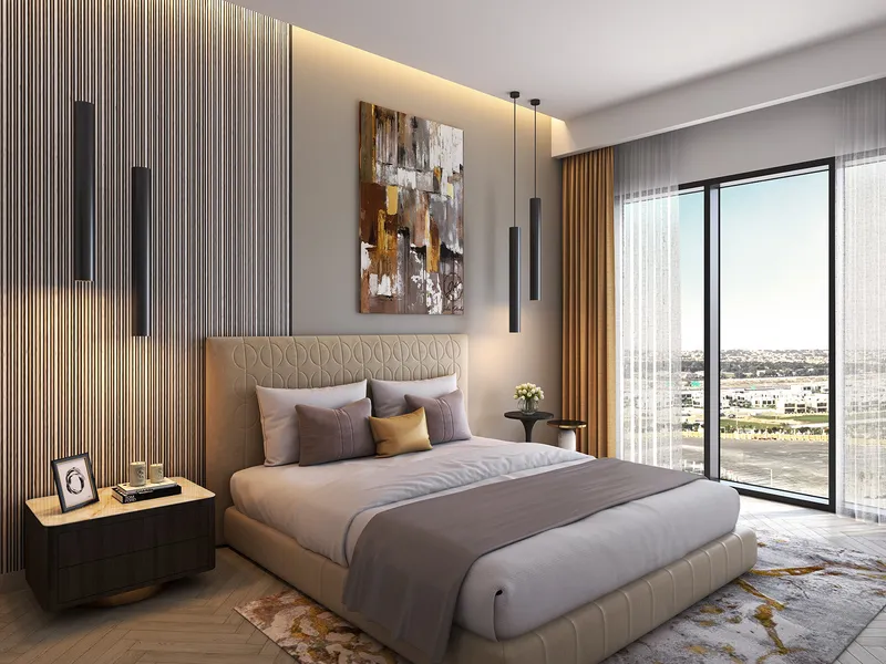 Bedroom at Golf Greens with a panelled wall and full-height glazing