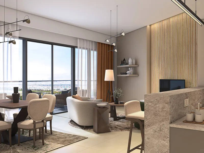 Living and dining room at Golf Greens with full-height windows and an open kitchen counter
