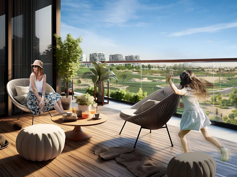 Timber-decked terrace at Golf Greens with seating and a view over the fairways