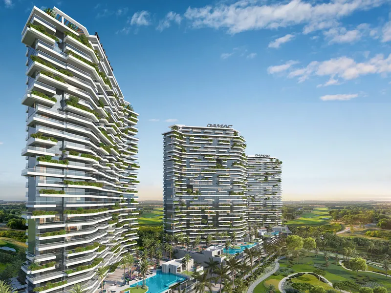 Side view of the Golf Greens towers with planted terraces and pools at podium level