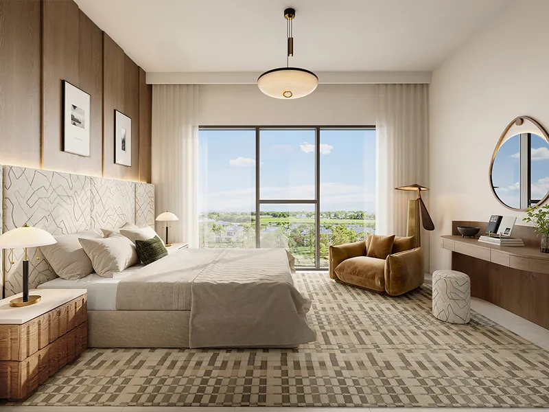 Interior render of a Golf Hills bedroom with a window over the greenery