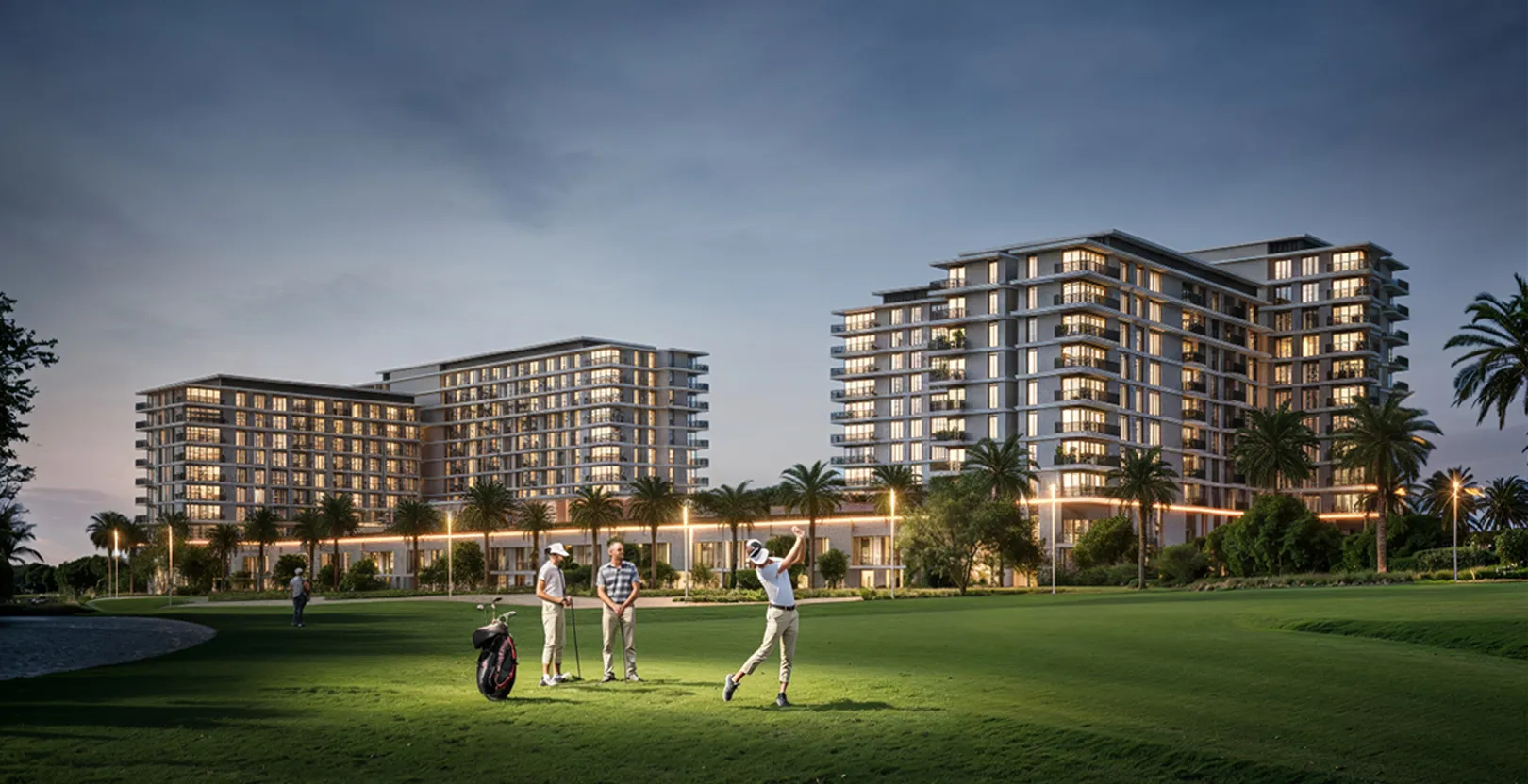Render of the Golf Hills apartment buildings at dusk seen from the Emaar South golf course