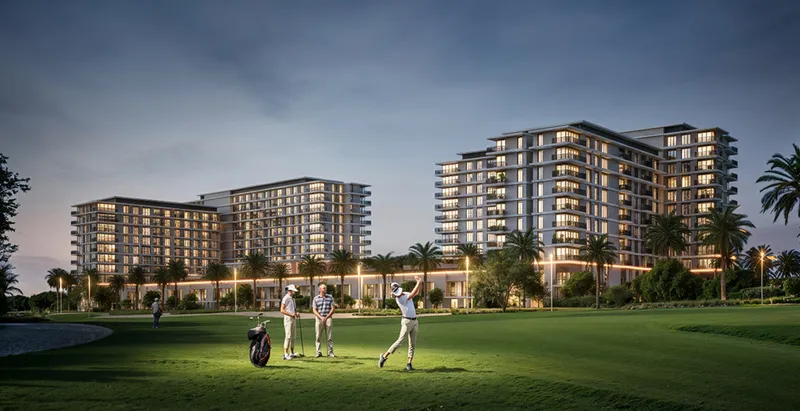 Render of the Golf Hills apartment buildings at dusk seen from the Emaar South golf course