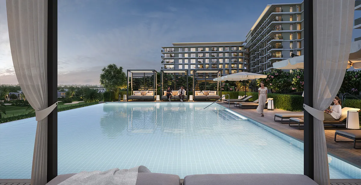 Render of the Golf Hills infinity pool with cabanas and the apartment buildings behind
