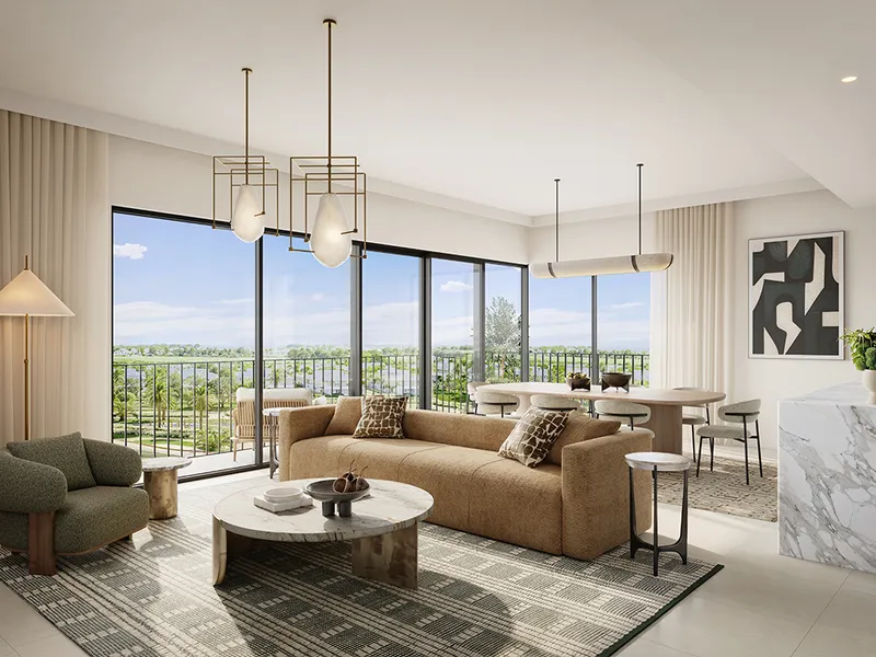 Interior render of a Golf Hills living and dining room opening to a balcony with green views