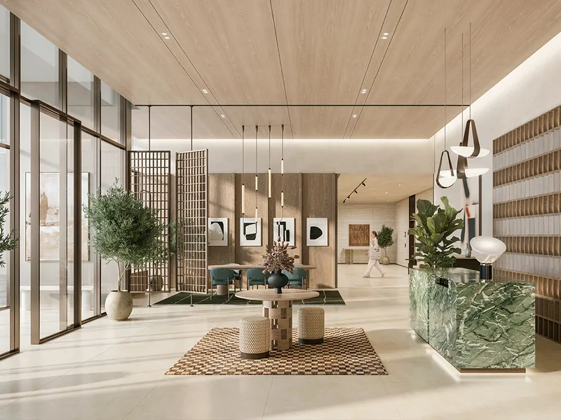 Interior render of a Golf Hills lobby with timber ceiling and a green marble reception desk