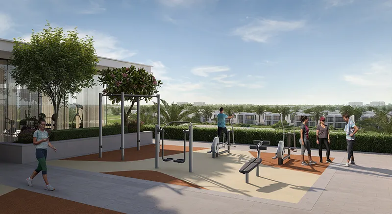 Render of residents using the outdoor fitness equipment at Golf Hills