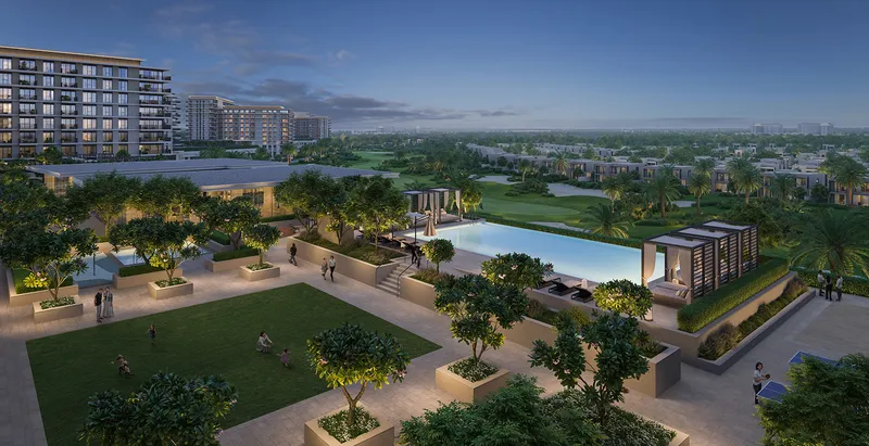 Aerial render of the Golf Hills landscaped podium with its lawn and pool at dusk