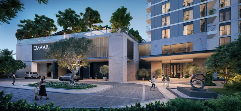 Render of the Golf Hillside entrance and drop-off at dusk