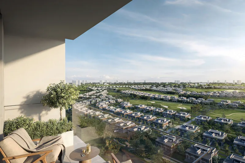 Render of the view from a Golf Hillside balcony over the villas and fairways of Dubai Hills Estate