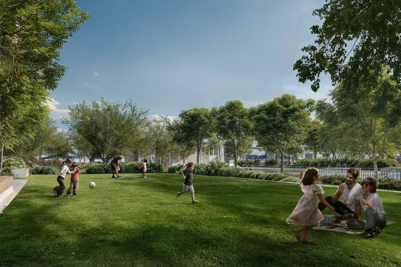 Render of families on the lawn in the Golf Hillside gardens
