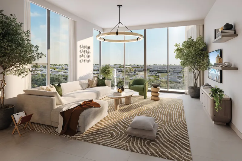 Interior render of a Golf Hillside living room with windows on two sides