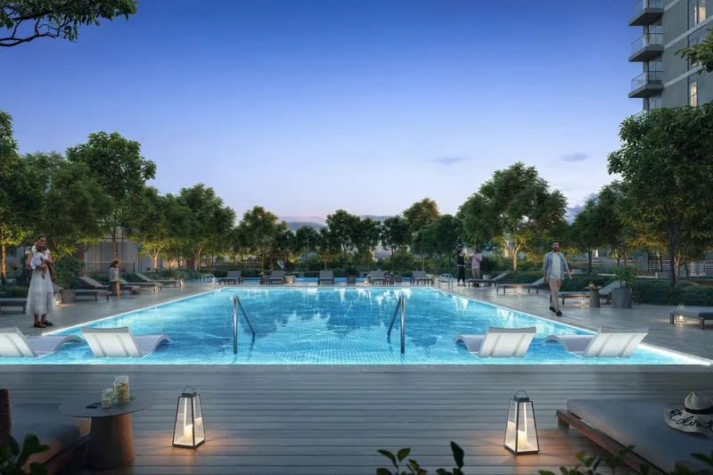 Render of the Golf Hillside swimming pool and deck at dusk