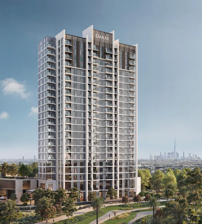 Render of the 20-storey Golf Hillside tower by day with the Downtown Dubai skyline in the distance