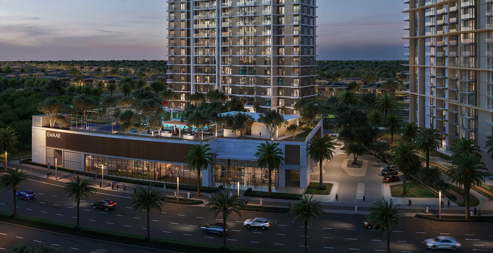 Render of the Golf Hillside tower at dusk above its podium, pool deck and street frontage