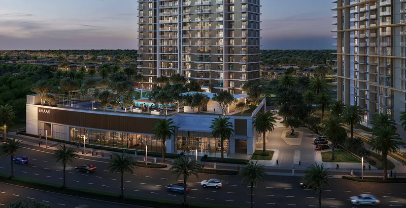Render of the Golf Hillside tower at dusk above its podium, pool deck and street frontage