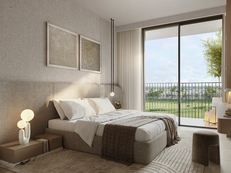Interior render of a Golf Meadow bedroom opening to a balcony over the golf course