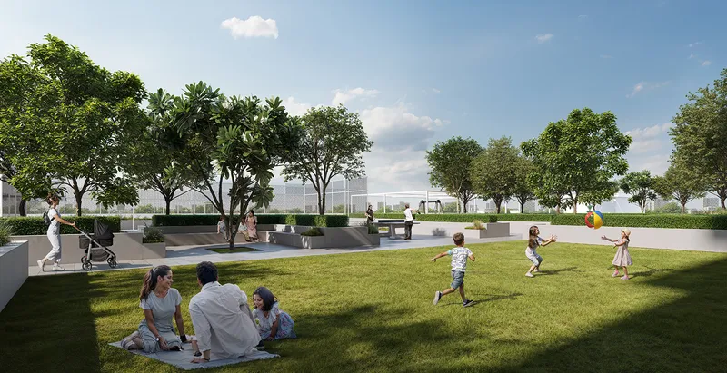 Render of families on the Golf Meadow lawn surrounded by trees