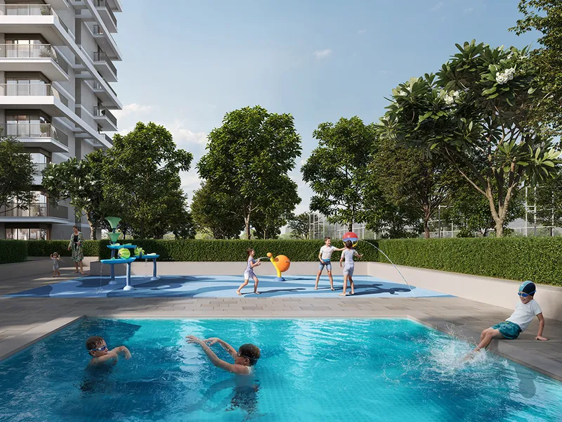 Render of children in the Golf Meadow kids' pool and splash pad