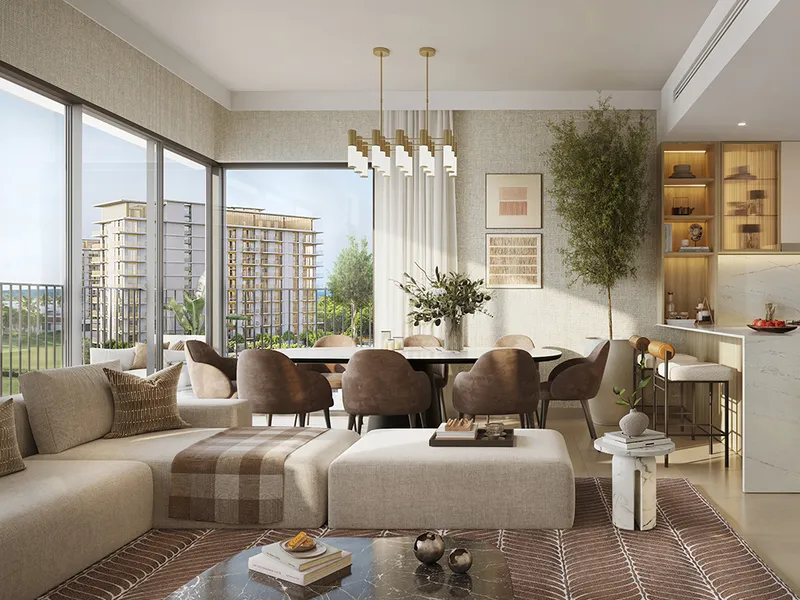 Interior render of a Golf Meadow living and dining room with full-height windows