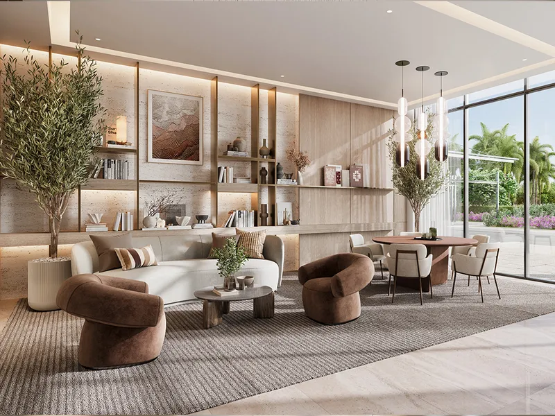 Interior render of a Golf Meadow residents' lounge with shelving and a dining table